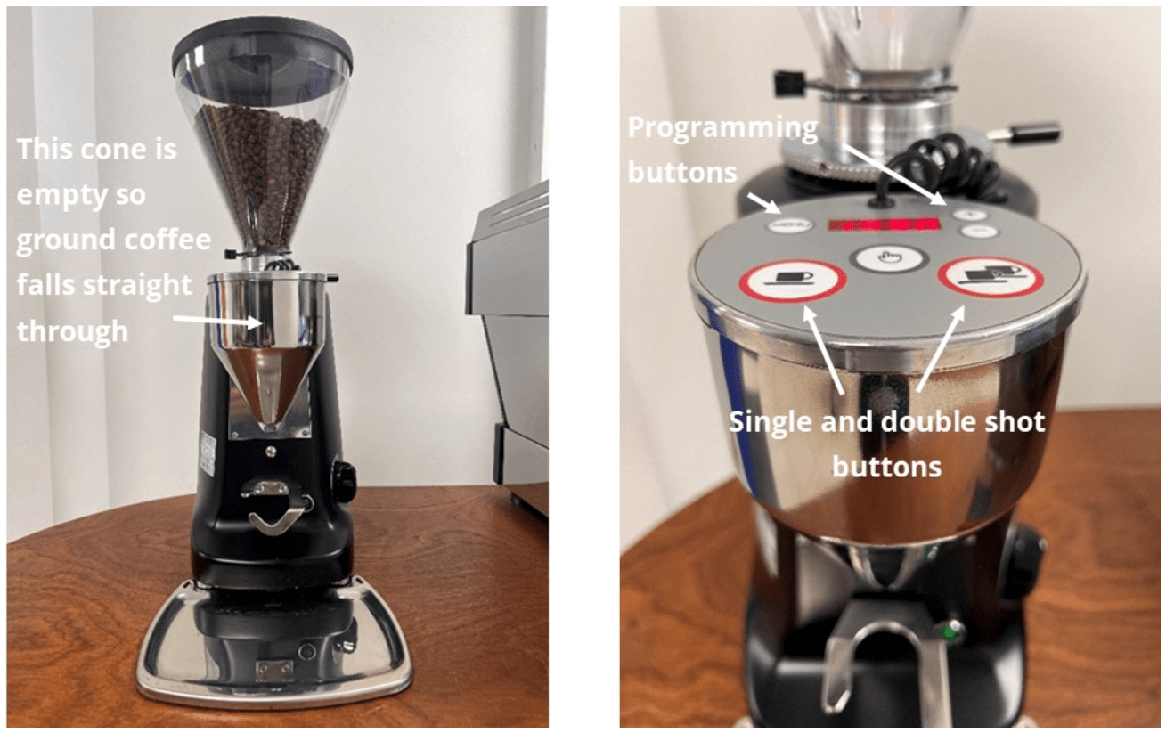 closeup of coffee bean grinder with programming buttons