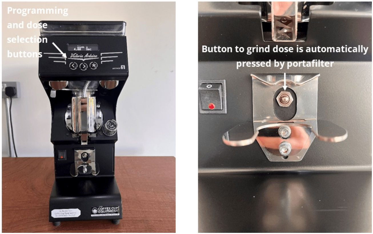 closeup of coffee bean grinder rental machine showing button to start