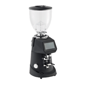 A Fiorenzato F64 Evo Pro with a transparent bean hopper and a digital display screen.